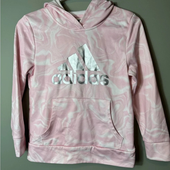 Adidas Girls Pink Tye Dye Pullover Hooded Sweatshirt Silver‎ Logo Size M 10/12 - Picture 1 of 4
